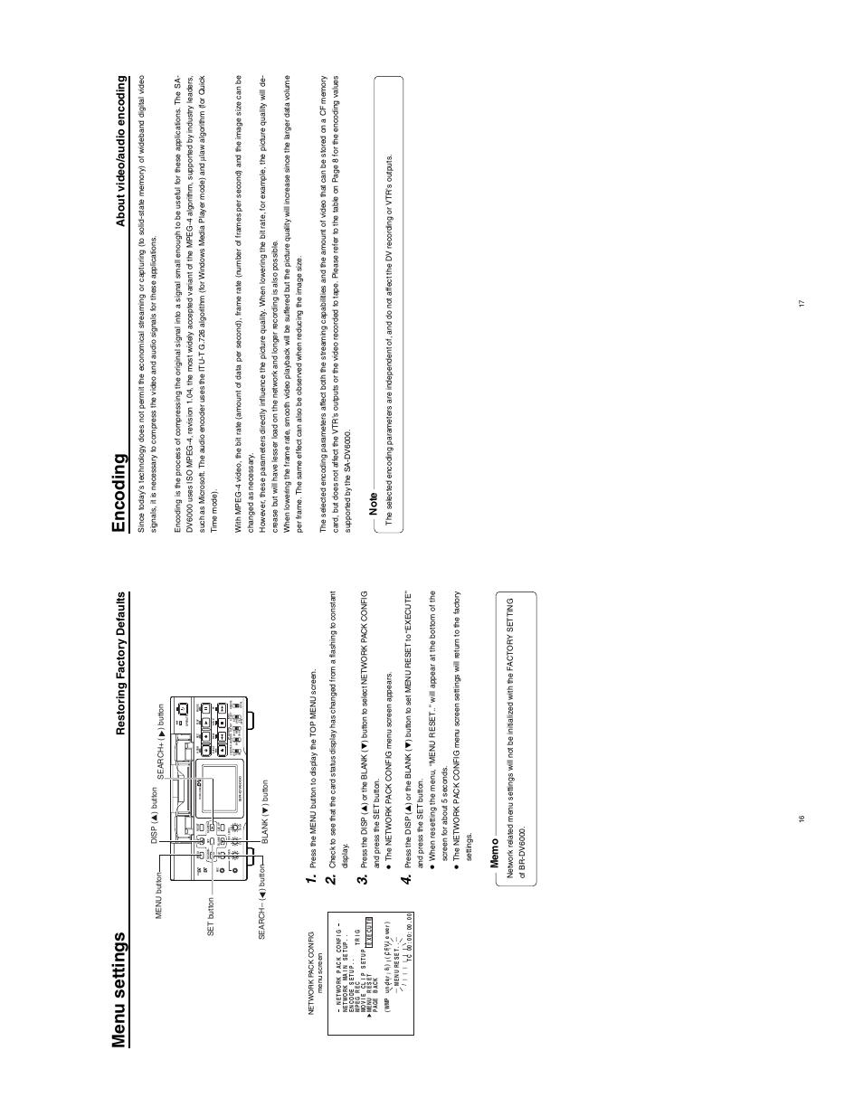 Men u settings, Encoding, Restoring f actor y defaults | About video/audio encoding | JVC SA-DV6000 User Manual | Page 16 / 43