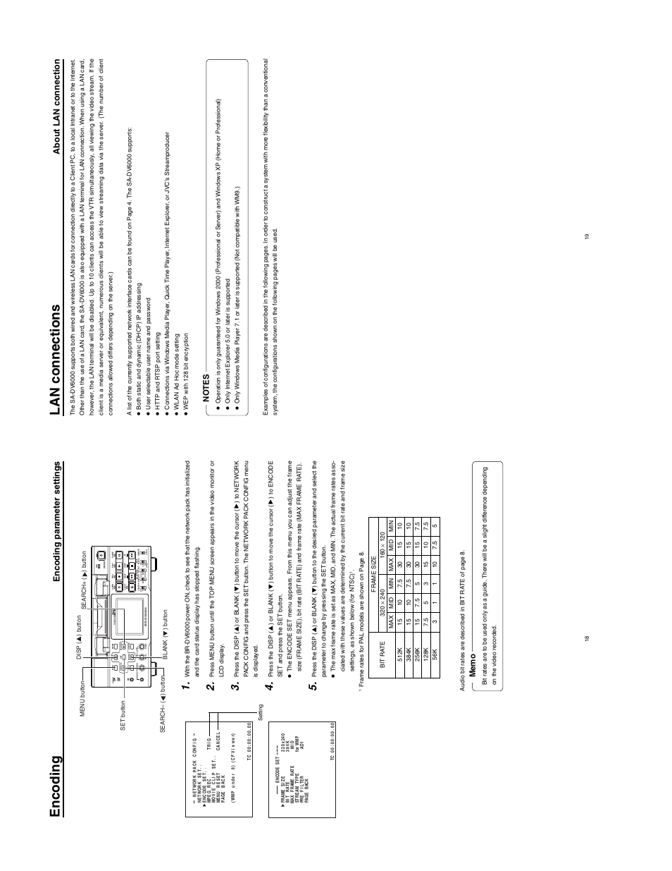 Encoding, Lan connections, Encoding parameter settings | About lan connection, No tes | JVC SA-DV6000 User Manual | Page 17 / 43