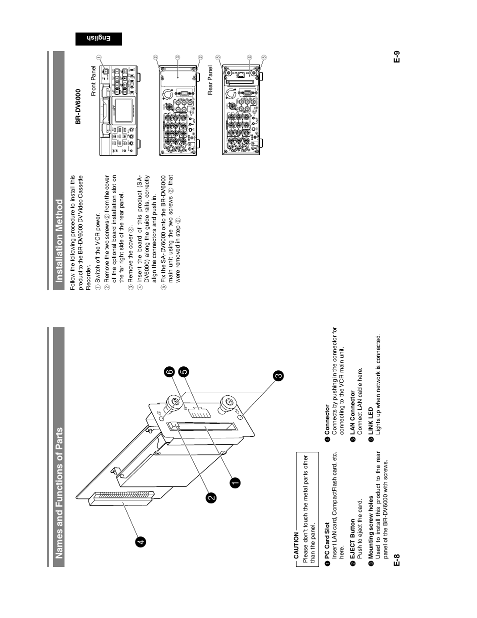 Names and functions of p a rt s, Installation method, Mini | English, Br-d v6000, Front p anel rear p anel | JVC SA-DV6000 User Manual | Page 6 / 43
