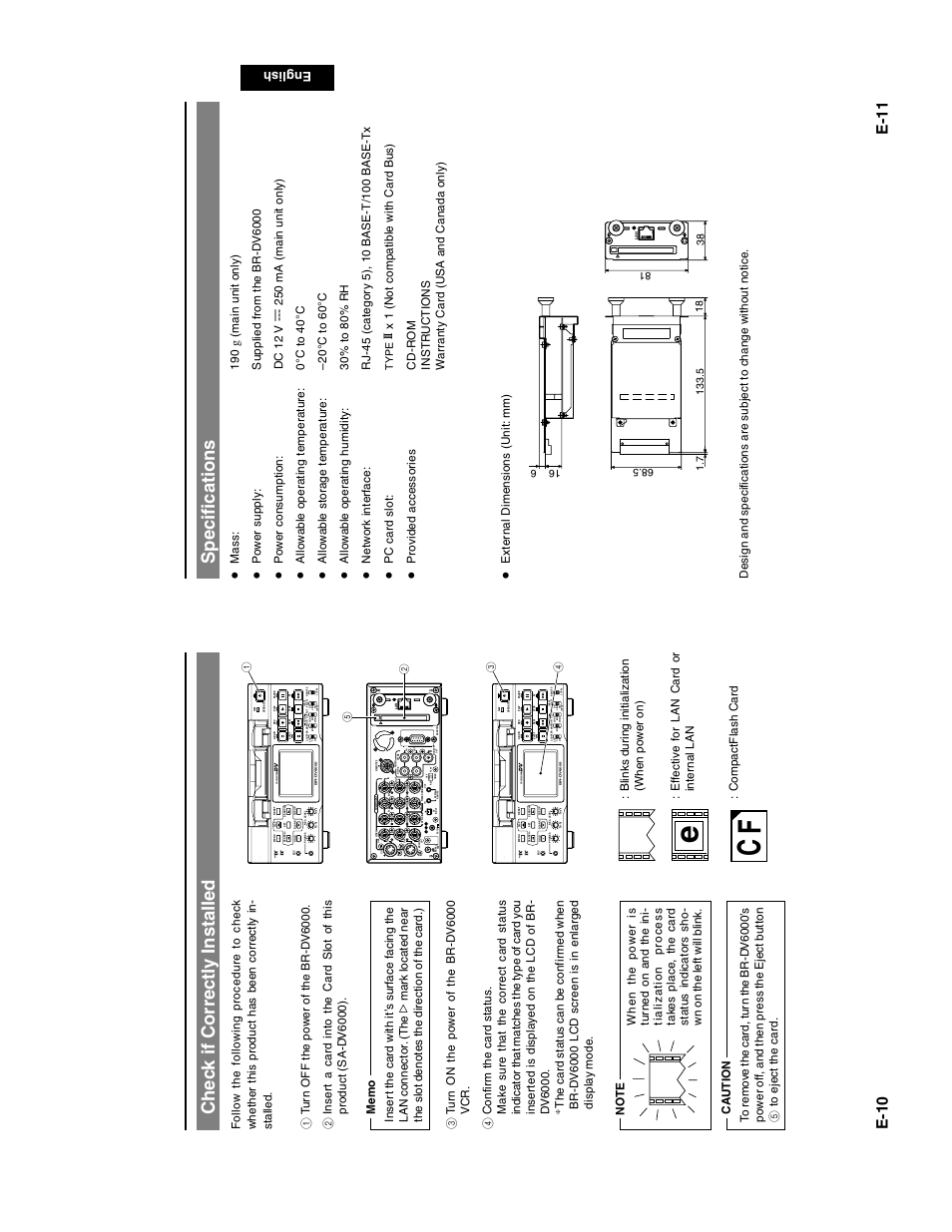 Ec f, Chec k if correctl y installed, Specifications | E-10, E-11, Mini, English | JVC SA-DV6000 User Manual | Page 7 / 43
