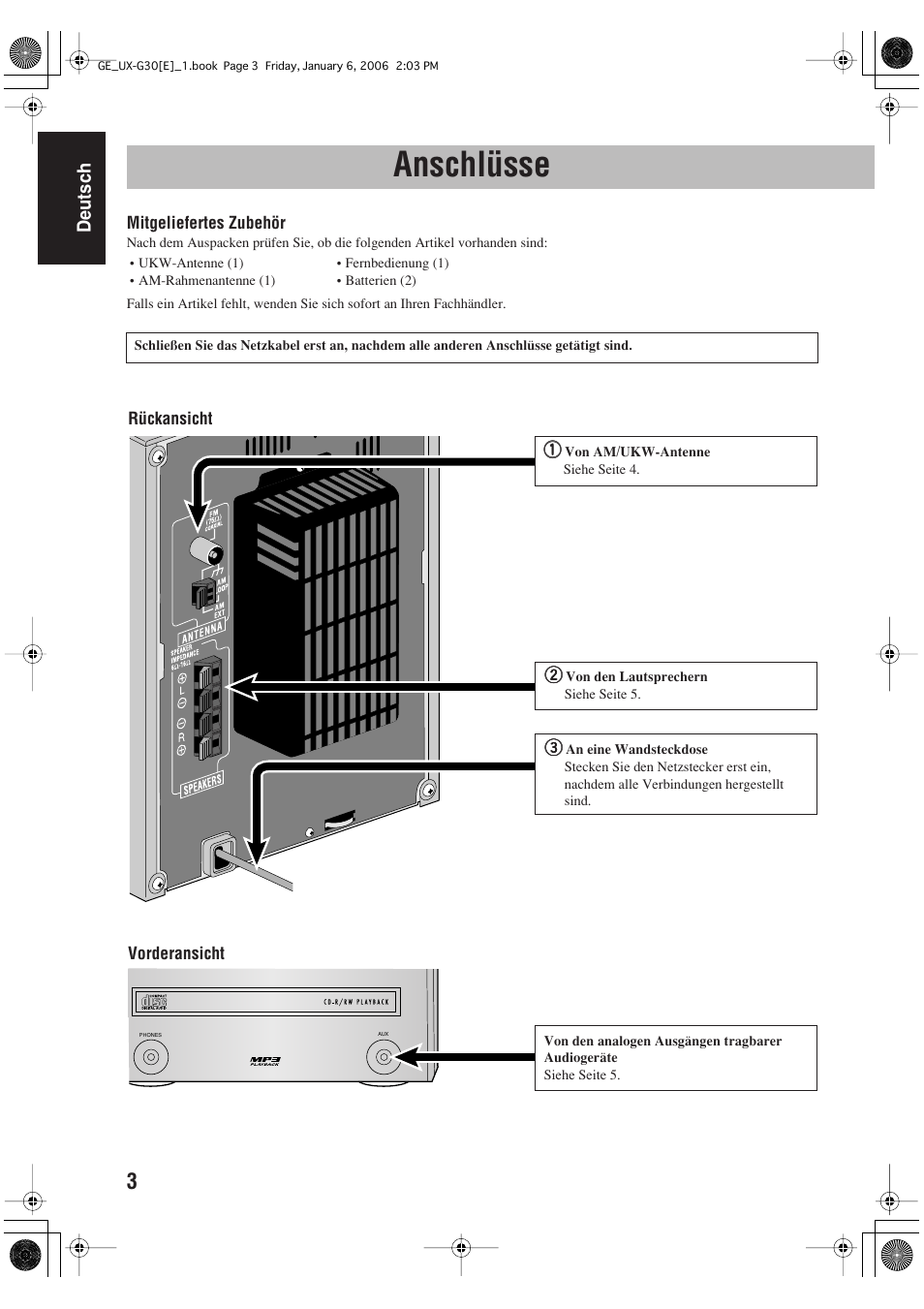 Anschlüsse | JVC UX-G33 User Manual | Page 10 / 88