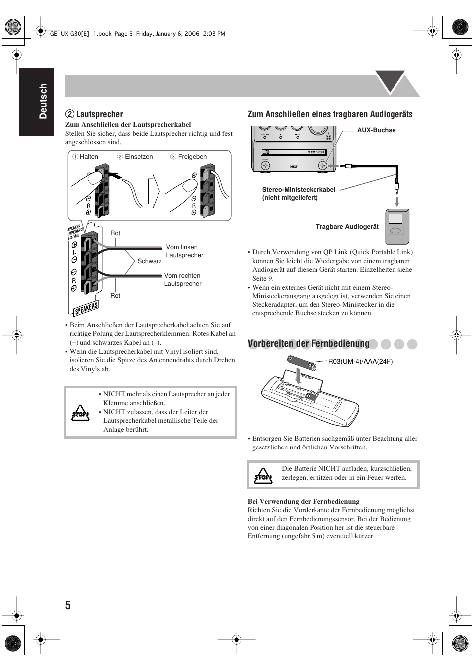 Deutsch 2 2 2 2, Vorbereiten der fernbedienung | JVC UX-G33 User Manual | Page 12 / 88