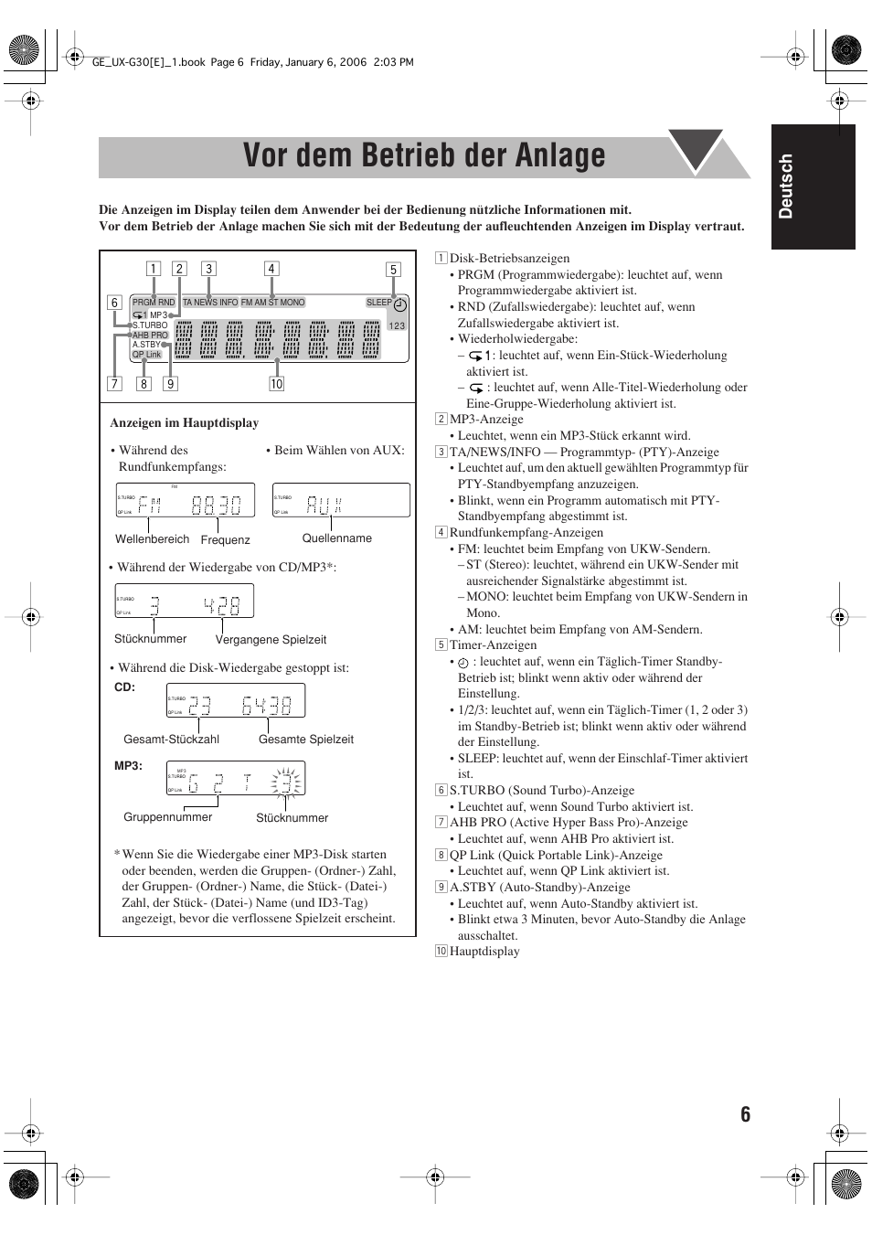 Vor dem betrieb der anlage, Deutsch | JVC UX-G33 User Manual | Page 13 / 88