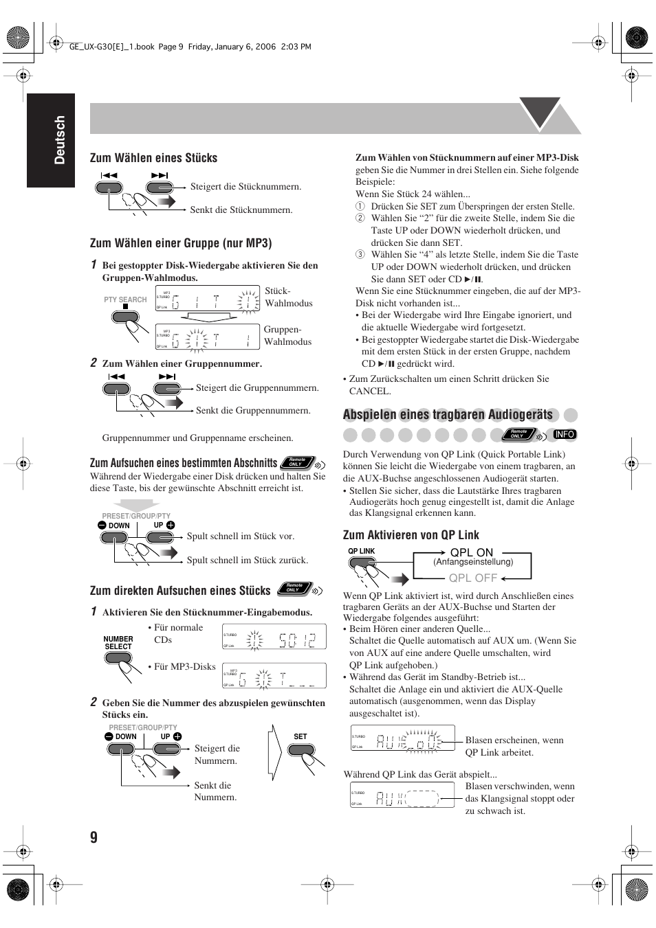 Deutsch, Abspielen eines tragbaren audiogeräts, Zum aufsuchen eines bestimmten abschnitts | Zum direkten aufsuchen eines stücks 1, Zum aktivieren von qp link | JVC UX-G33 User Manual | Page 16 / 88