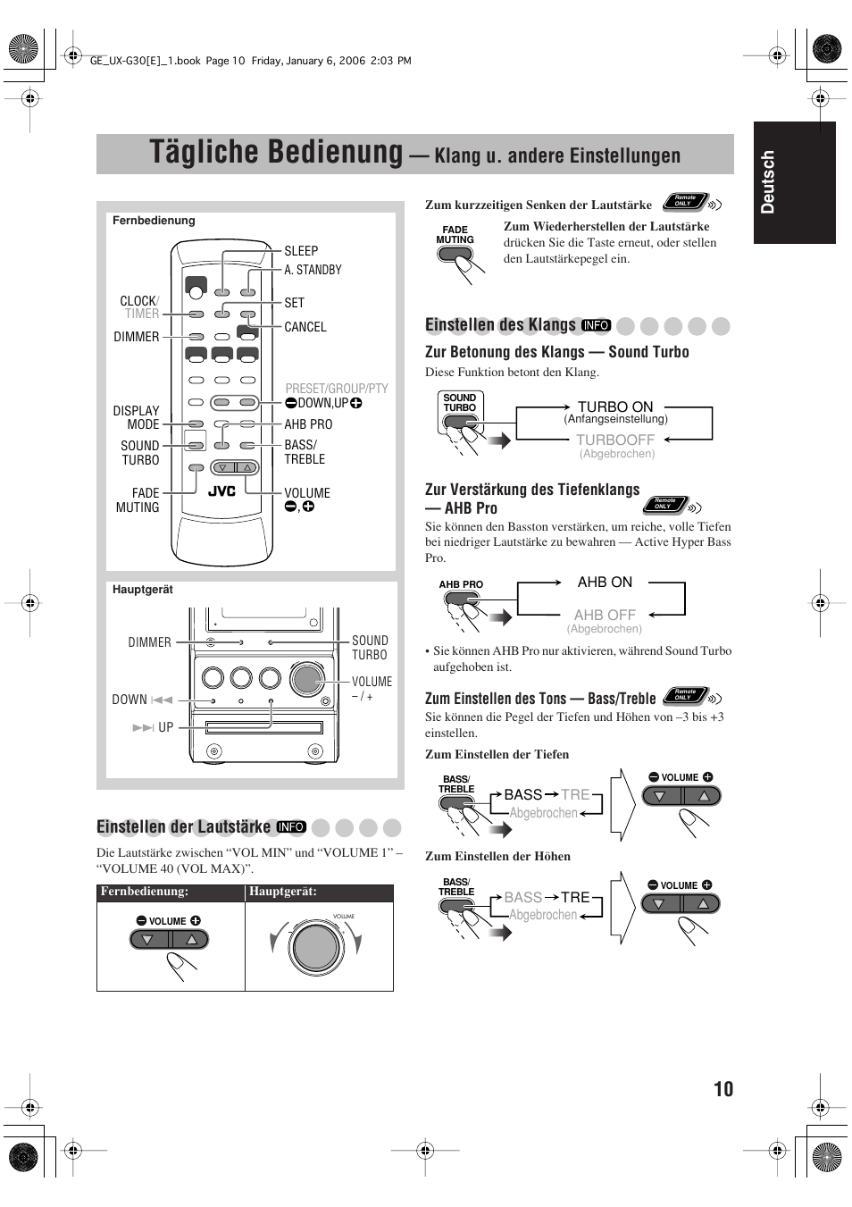 Tägliche bedienung, Klang u. andere einstellungen, Deutsch | Einstellen der lautstärke, Einstellen des klangs | JVC UX-G33 User Manual | Page 17 / 88