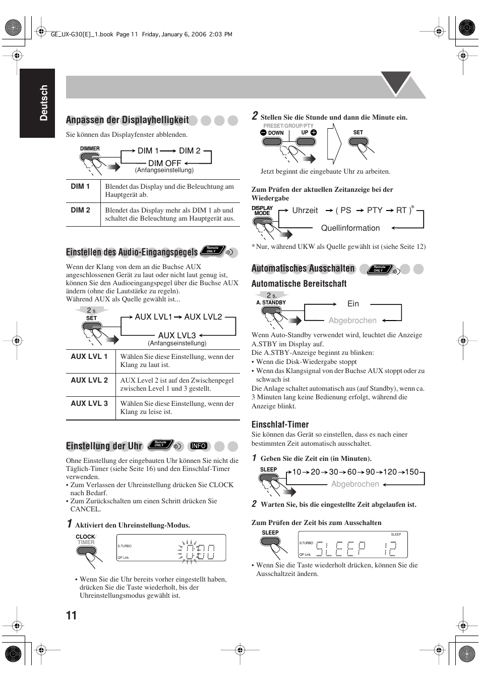 Deutsch anpassen der displayhelligkeit, Einstellen des audio-eingangspegels, Einstellung der uhr | Automatisches ausschalten | JVC UX-G33 User Manual | Page 18 / 88