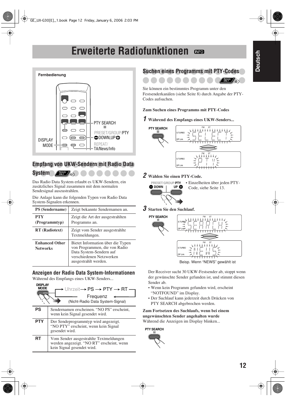 Erweiterte radiofunktionen, Deutsch, Empfang von ukw-sendern mit radio data system | Suchen eines programms mit pty-codes | JVC UX-G33 User Manual | Page 19 / 88