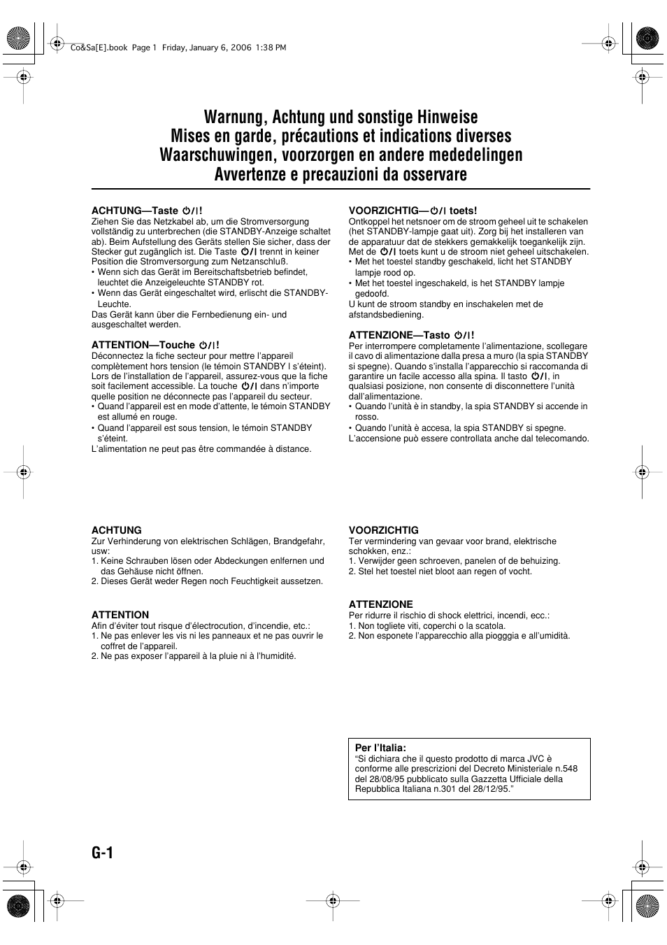 Avvertenze e precauzioni da osservare | JVC UX-G33 User Manual | Page 2 / 88