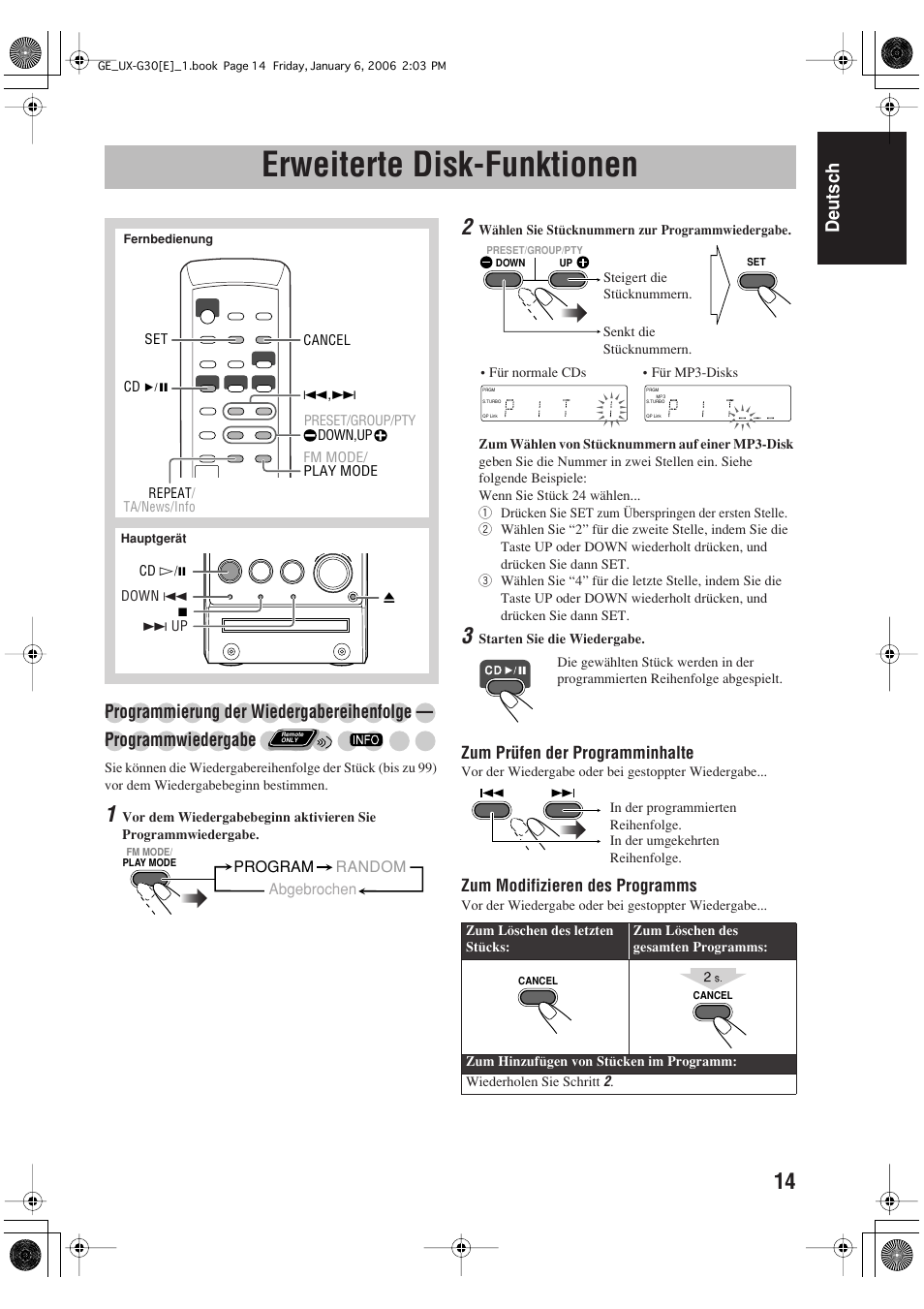 Erweiterte disk-funktionen, Deutsch, Programmierung der wiedergabereihenfolge | Programmwiedergabe | JVC UX-G33 User Manual | Page 21 / 88