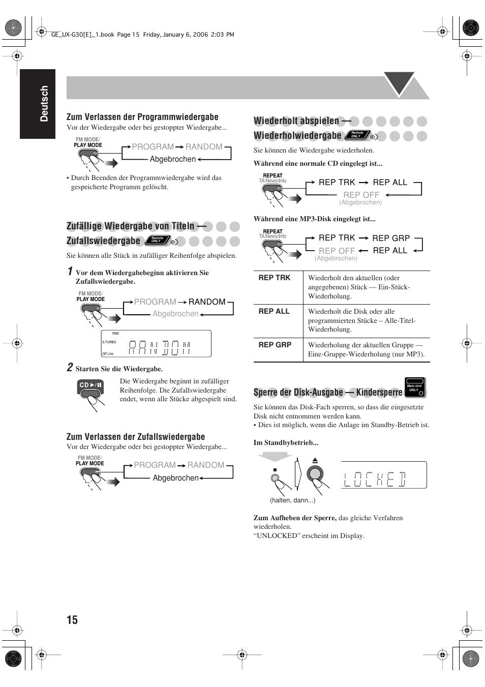 Deutsch, Wiederholt abspielen — wiederholwiedergabe, Sperre der disk-ausgabe — kindersperre | JVC UX-G33 User Manual | Page 22 / 88