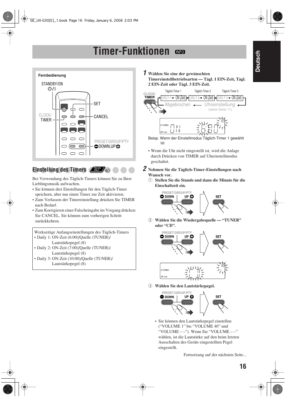 Timer-funktionen, Deutsch, Einstellung des timers | JVC UX-G33 User Manual | Page 23 / 88
