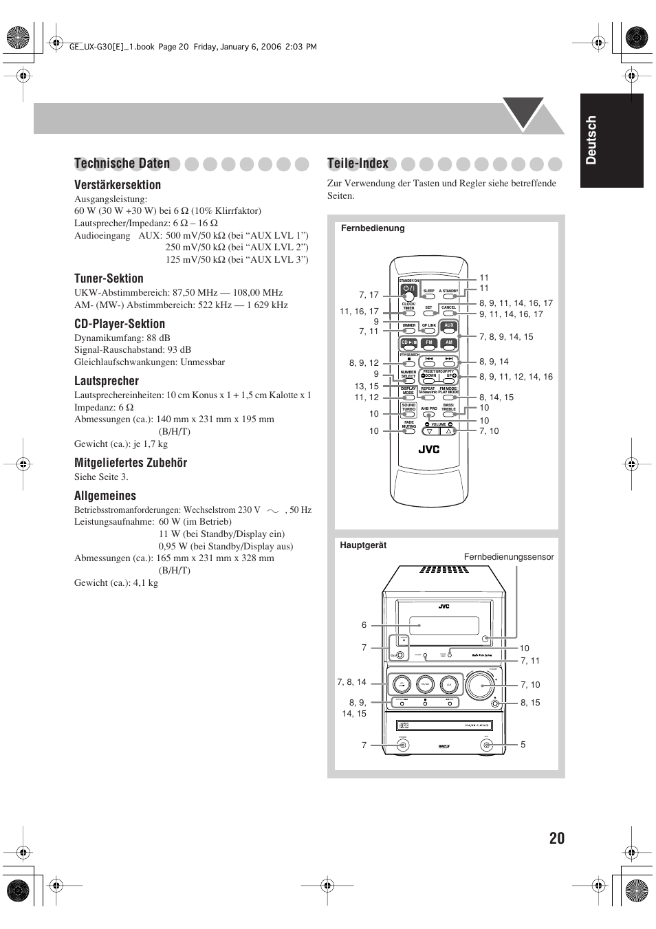 Deutsch technische daten, Teile-index, Verstärkersektion | Tuner-sektion, Cd-player-sektion, Lautsprecher, Mitgeliefertes zubehör, Allgemeines | JVC UX-G33 User Manual | Page 27 / 88