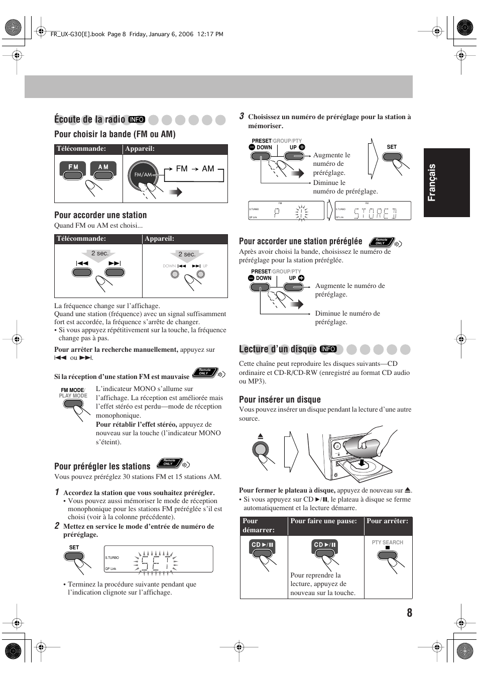 Français écoute de la radio, Lecture d’un disque, Pour prérégler les stations | Pour accorder une station préréglée, Pour insérer un disque | JVC UX-G33 User Manual | Page 35 / 88
