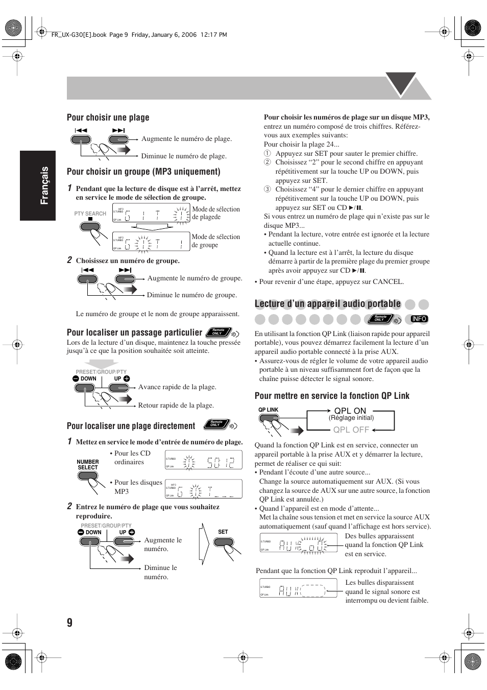 Français, Lecture d’un appareil audio portable, Pour localiser un passage particulier | Pour localiser une plage directement 1, Pour mettre en service la fonction qp link | JVC UX-G33 User Manual | Page 36 / 88