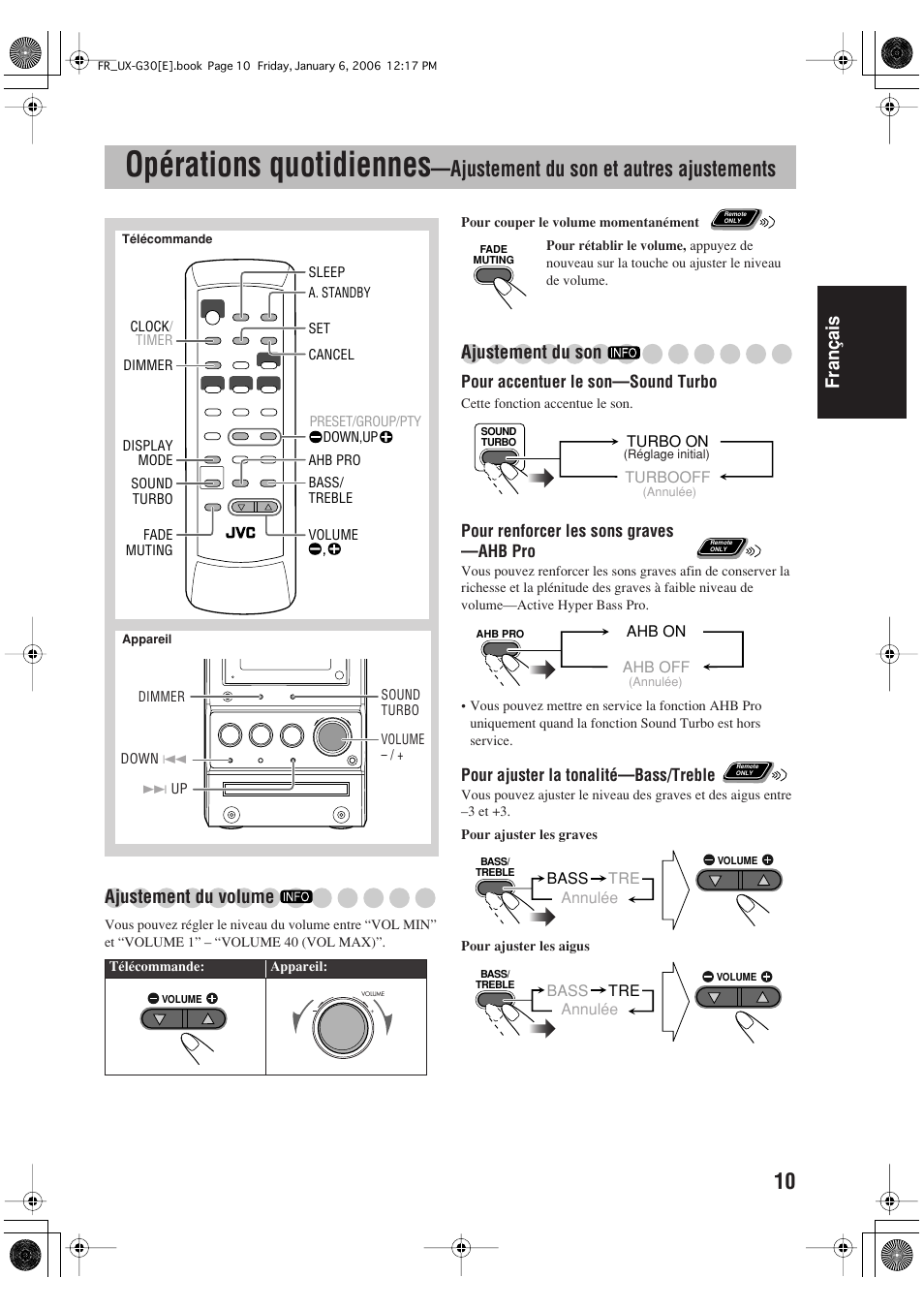 Opérations quotidiennes, Ajustement du son et autres ajustements, Français | Ajustement du volume, Ajustement du son | JVC UX-G33 User Manual | Page 37 / 88
