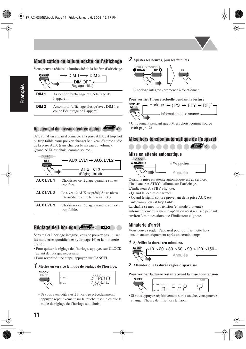 Ajustement du niveau d’entrée audio, Réglage de l’horloge, Mise hors tension automatique de l’appareil | JVC UX-G33 User Manual | Page 38 / 88