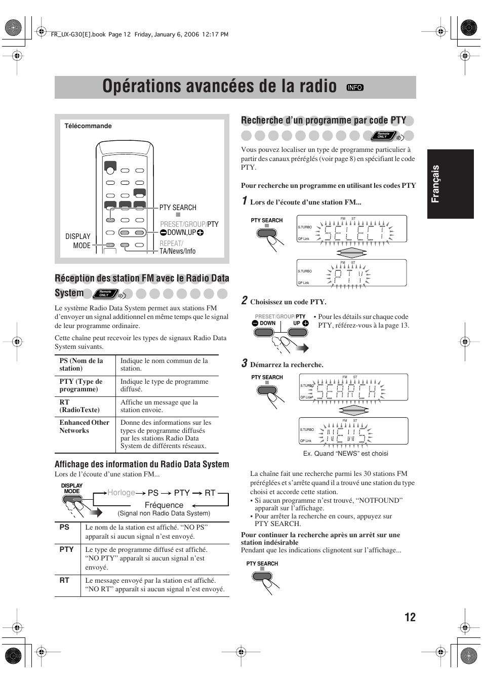 Opérations avancées de la radio, Français, Réception des station fm avec le radio data system | Recherche d’un programme par code pty | JVC UX-G33 User Manual | Page 39 / 88