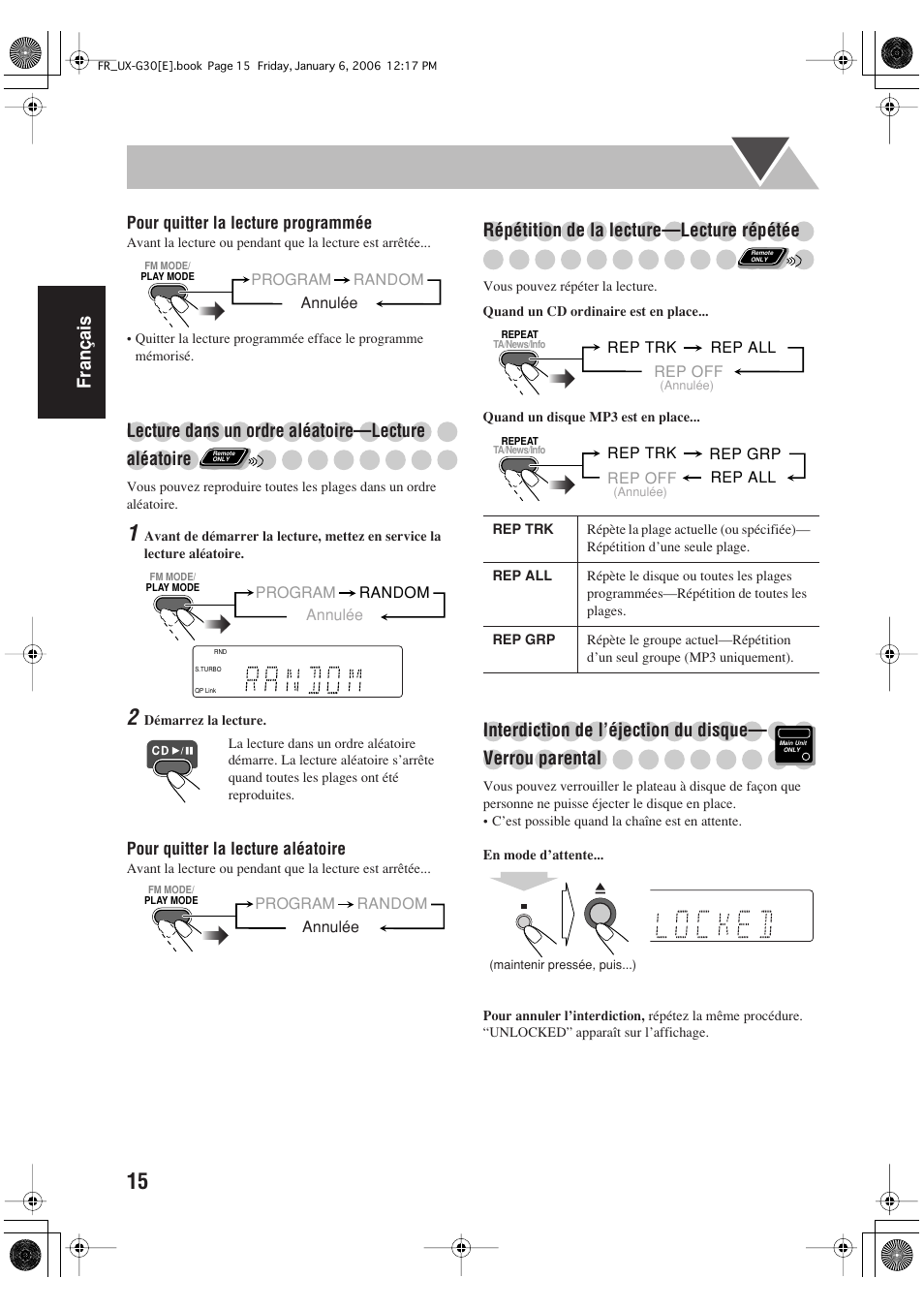 Français, Lecture dans un ordre aléatoire—lecture, Aléatoire | Répétition de la lecture—lecture répétée | JVC UX-G33 User Manual | Page 42 / 88