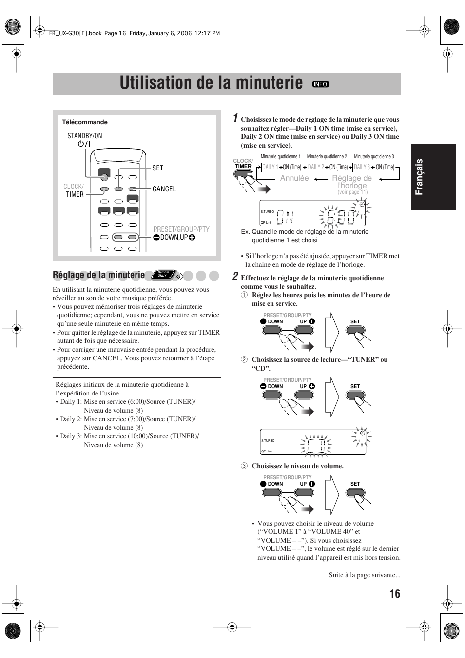Utilisation de la minuterie, Français, Réglage de la minuterie | JVC UX-G33 User Manual | Page 43 / 88