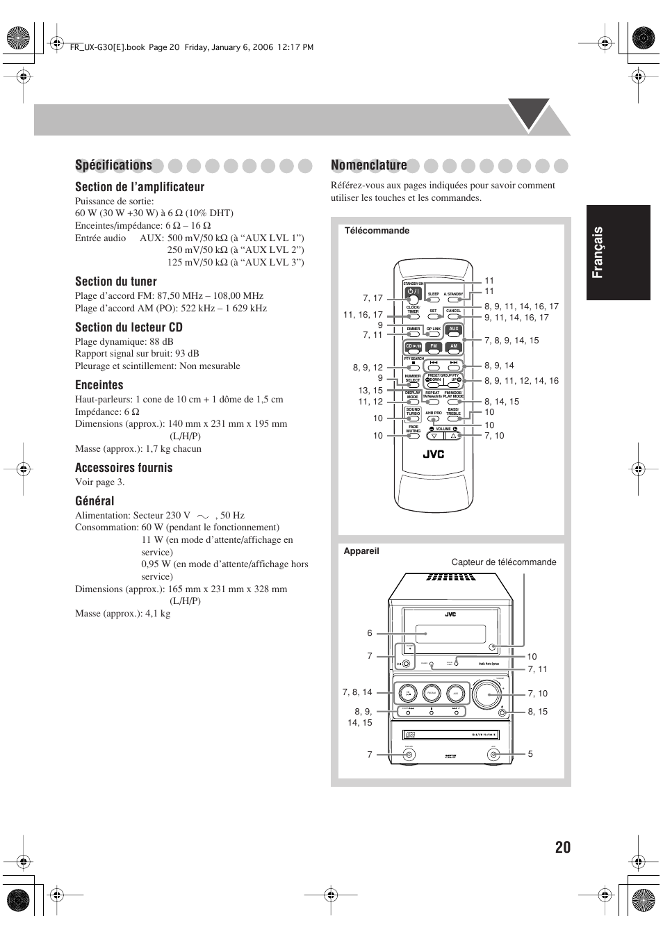 Français spécifications, Nomenclature, Enceintes | Accessoires fournis, Général | JVC UX-G33 User Manual | Page 47 / 88