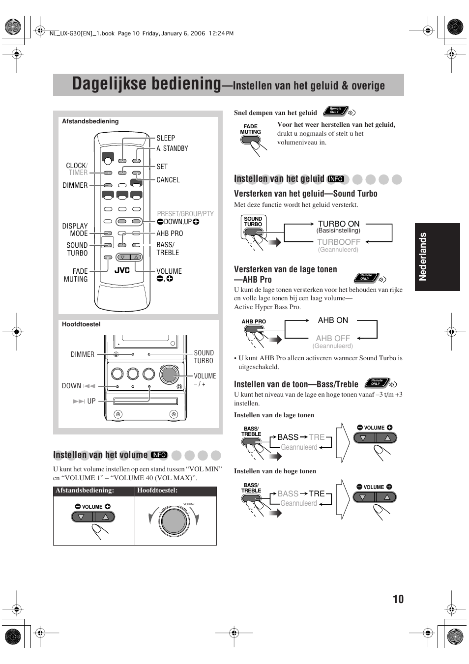 Dagelijkse bediening, Instellen van het geluid & overige, Nederlands | Instellen van het volume, Instellen van het geluid | JVC UX-G33 User Manual | Page 57 / 88