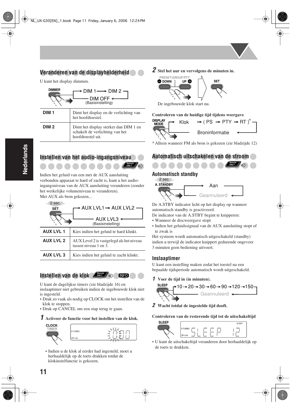 Nederlands veranderen van de displayhelderheid, Instellen van het audio-ingangsniveau, Instellen van de klok | Automatisch uitschakelen van de stroom | JVC UX-G33 User Manual | Page 58 / 88