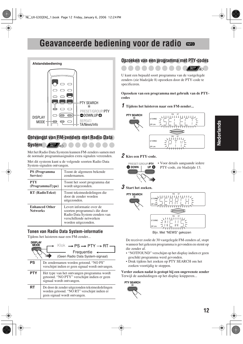 Geavanceerde bediening voor de radio, Nederlands, Ontvangst van fm-zenders met radio data system | Opzoeken van een programma met pty-codes | JVC UX-G33 User Manual | Page 59 / 88