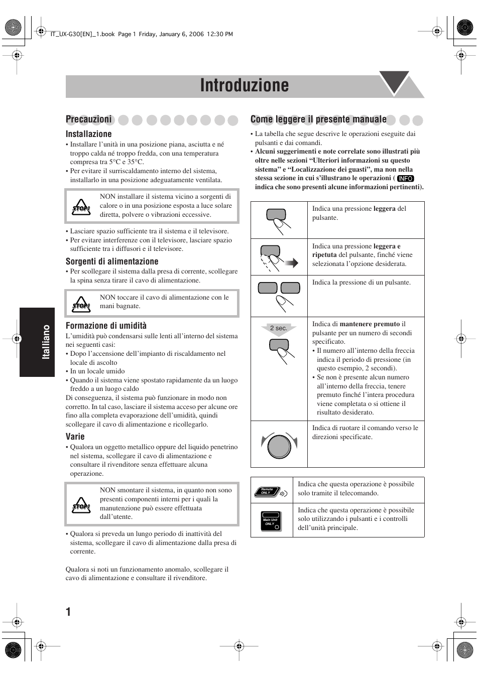 Introduzione, Italliano, Precauzioni | Come leggere il presente manuale | JVC UX-G33 User Manual | Page 68 / 88