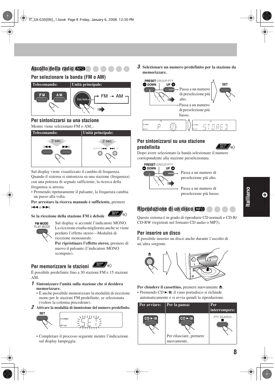 Italliano ascolto della radio, Riproduzione di un disco, Per sintonizzarsi su una stazione predefinita | Per inserire un disco | JVC UX-G33 User Manual | Page 75 / 88