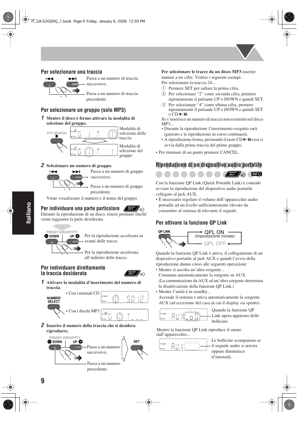 Italliano, Riproduzione di un dispositivo audio portatile, Per individuare una parte particolare | Per attivare la funzione qp link | JVC UX-G33 User Manual | Page 76 / 88