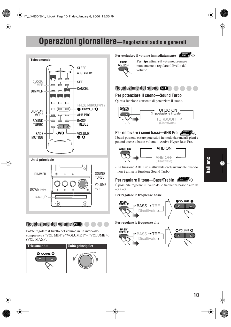 Operazioni giornaliere, Regolazioni audio e generali, Italliano | Regolazione del volume, Regolazione del suono | JVC UX-G33 User Manual | Page 77 / 88