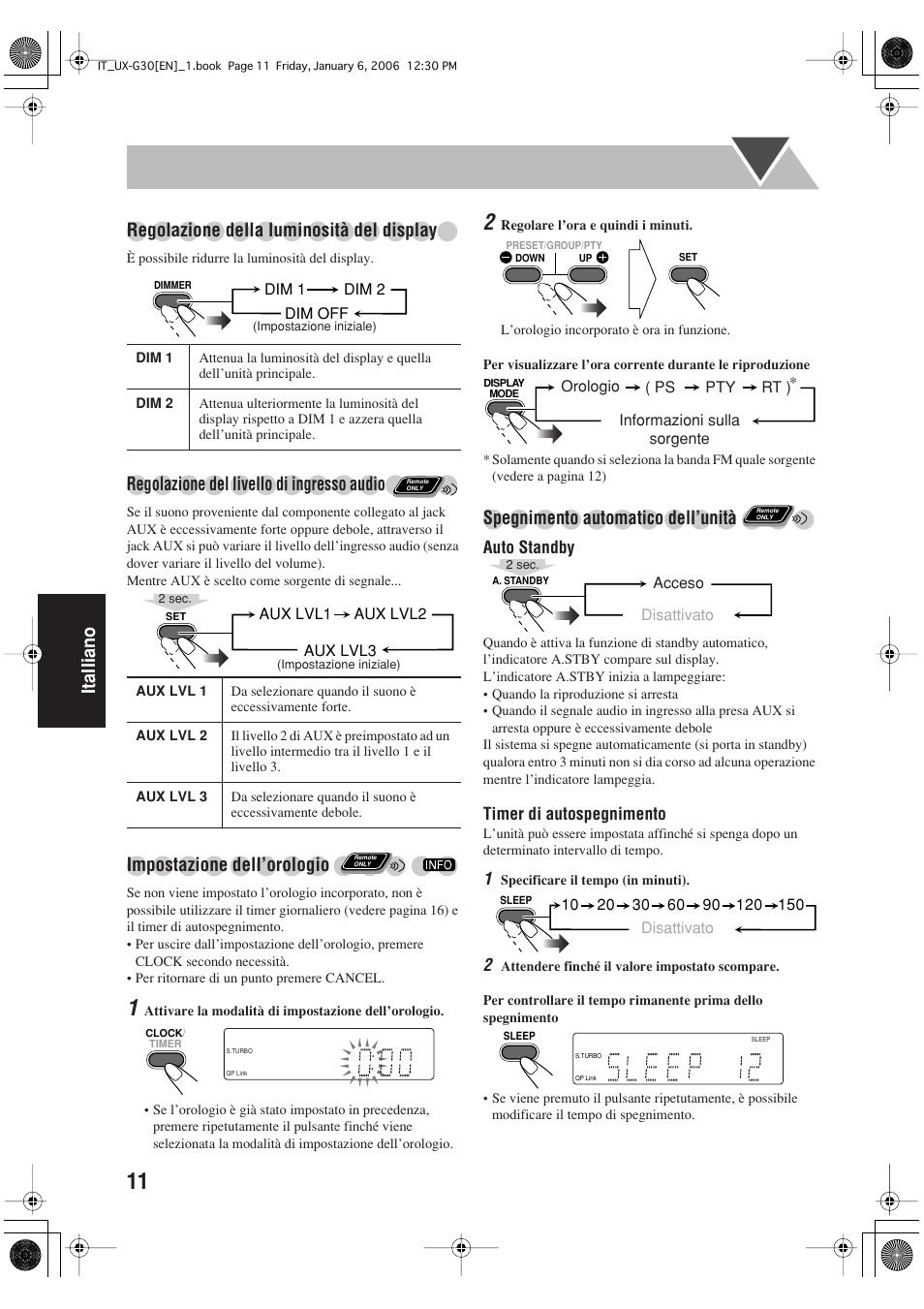 Italliano regolazione della luminosità del display, Regolazione del livello di ingresso audio, Impostazione dell’orologio | Spegnimento automatico dell’unità | JVC UX-G33 User Manual | Page 78 / 88
