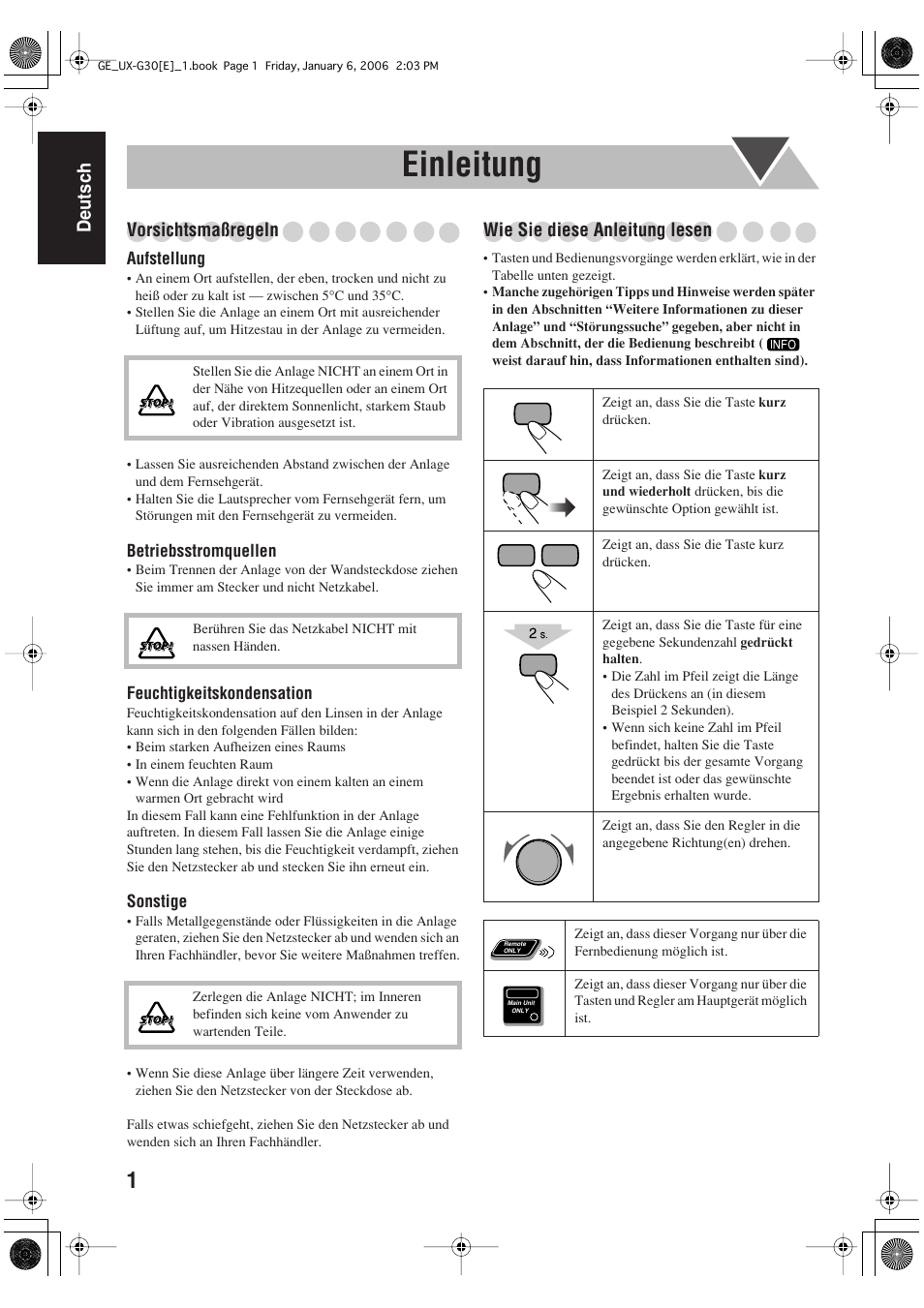 Einleitung, Deutsch, Vorsichtsmaßregeln | Wie sie diese anleitung lesen | JVC UX-G33 User Manual | Page 8 / 88