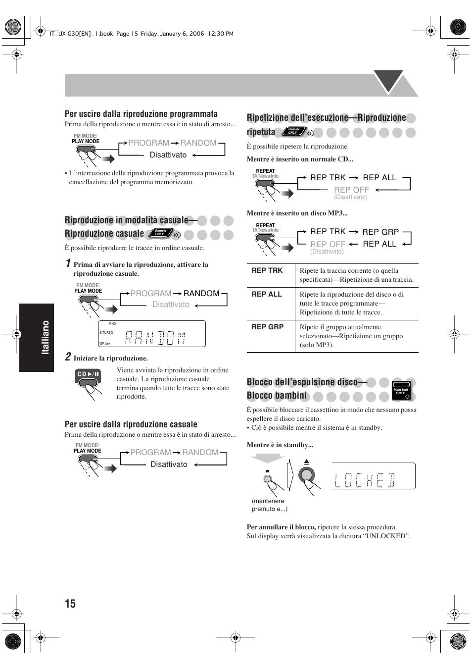 Italliano, Riproduzione in modalità casuale, Riproduzione casuale | Ripetizione dell’esecuzione—riproduzione, Ripetuta, Blocco dell’espulsione disco— blocco bambini | JVC UX-G33 User Manual | Page 82 / 88