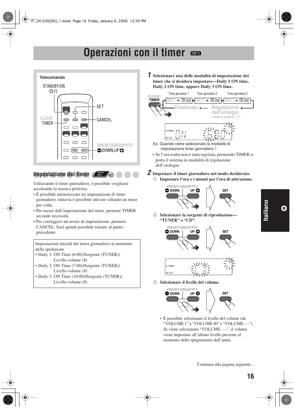 Operazioni con il timer, Italliano, Impostazione del timer | JVC UX-G33 User Manual | Page 83 / 88