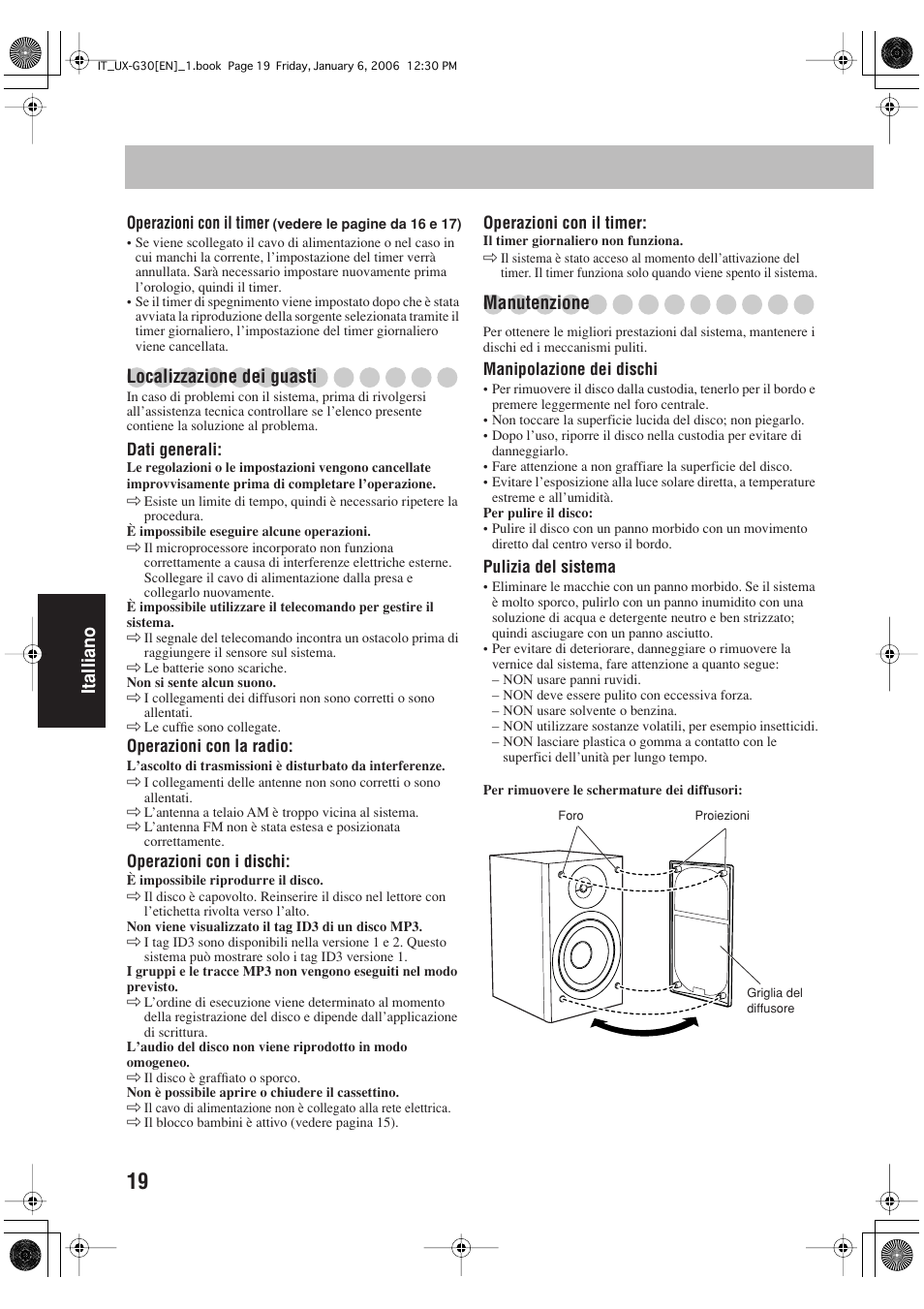 Italliano, Localizzazione dei guasti, Manutenzione | JVC UX-G33 User Manual | Page 86 / 88