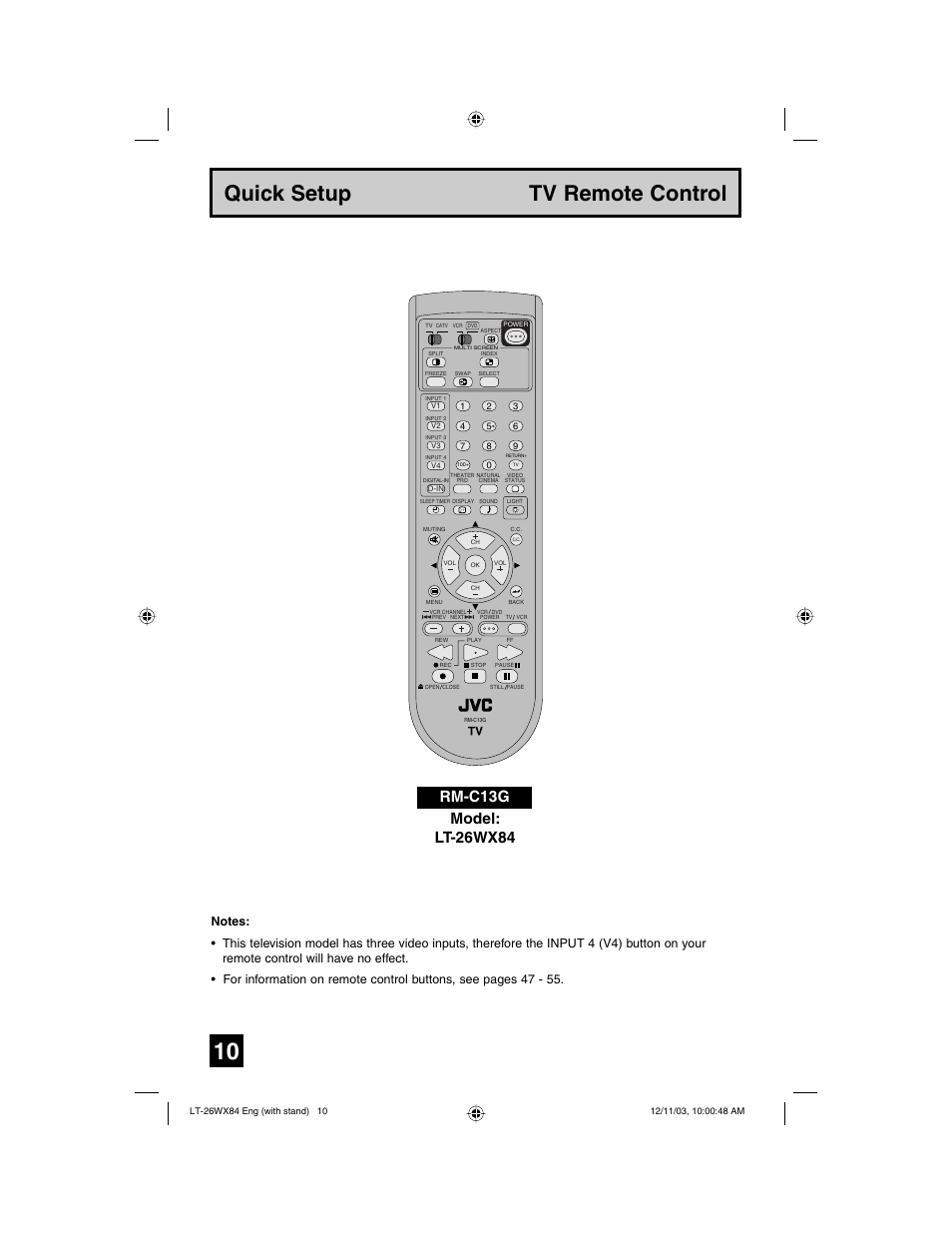 Quick setup tv remote control, Rm-c13g, Model: lt-26wx84 | JVC 1203TNH-II-IM User Manual | Page 10 / 64