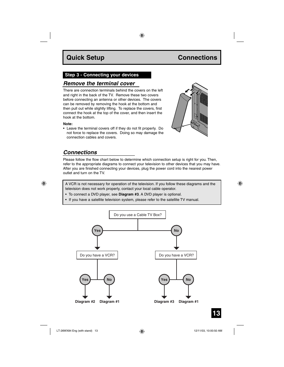 Quick setup connections, Connections, Remove the terminal cover | JVC 1203TNH-II-IM User Manual | Page 13 / 64