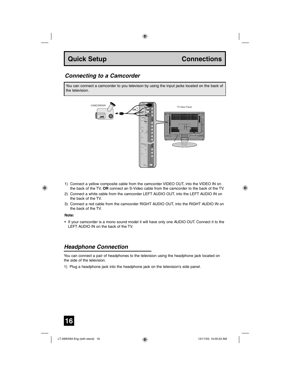 Quick setup connections, Connecting to a camcorder headphone connection | JVC 1203TNH-II-IM User Manual | Page 16 / 64