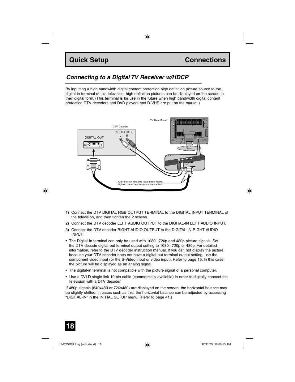 Quick setup connections, Connecting to a digital tv receiver w/hdcp | JVC 1203TNH-II-IM User Manual | Page 18 / 64