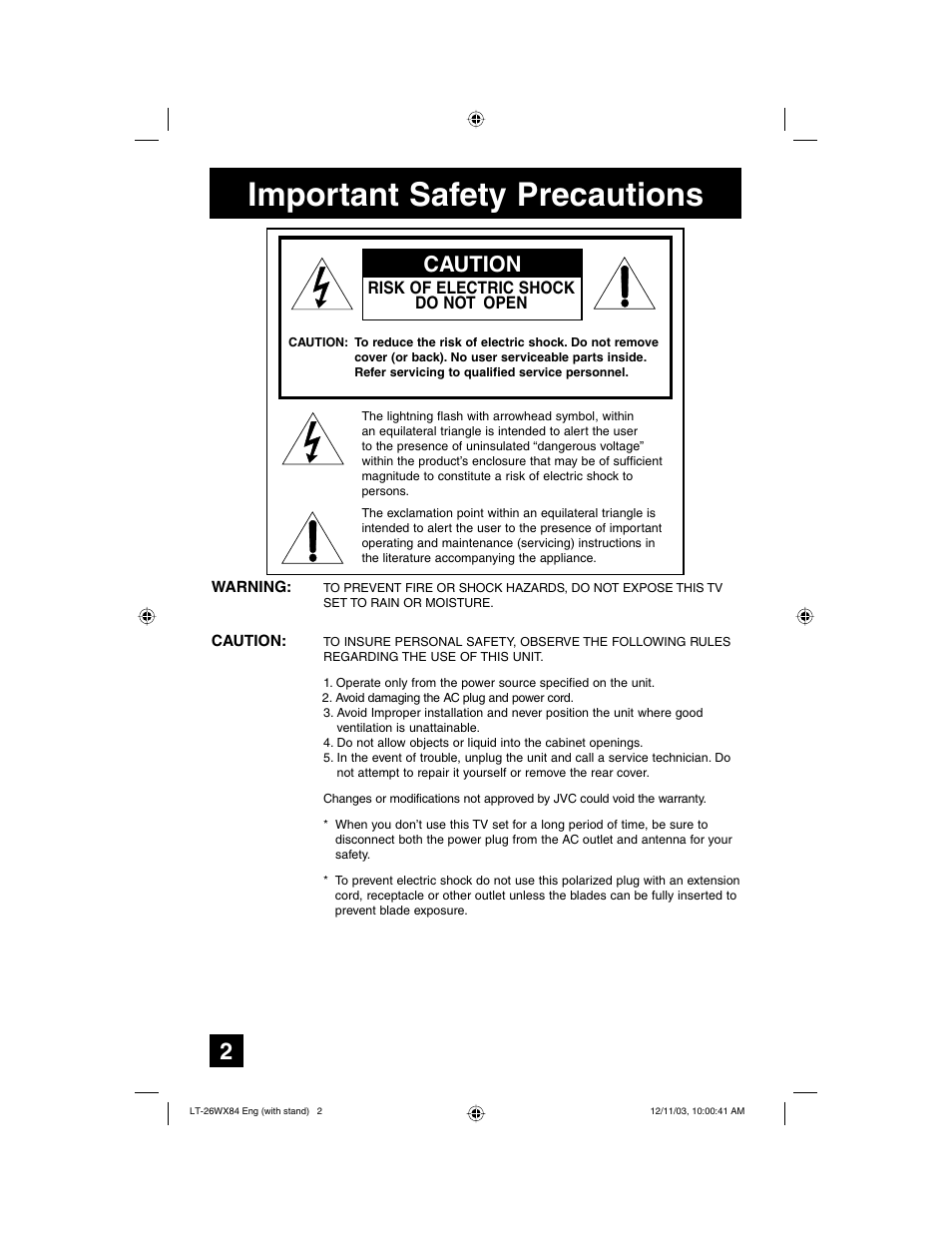 Important safety precautions, Caution, Risk of electric shock do not open | JVC 1203TNH-II-IM User Manual | Page 2 / 64