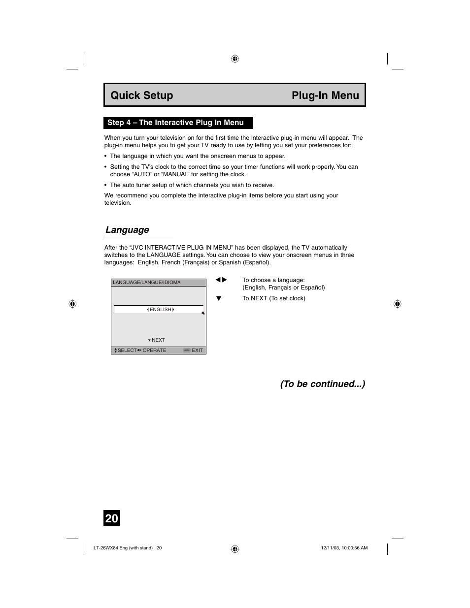 Quick setup plug-in menu, Language (to be continued...) | JVC 1203TNH-II-IM User Manual | Page 20 / 64
