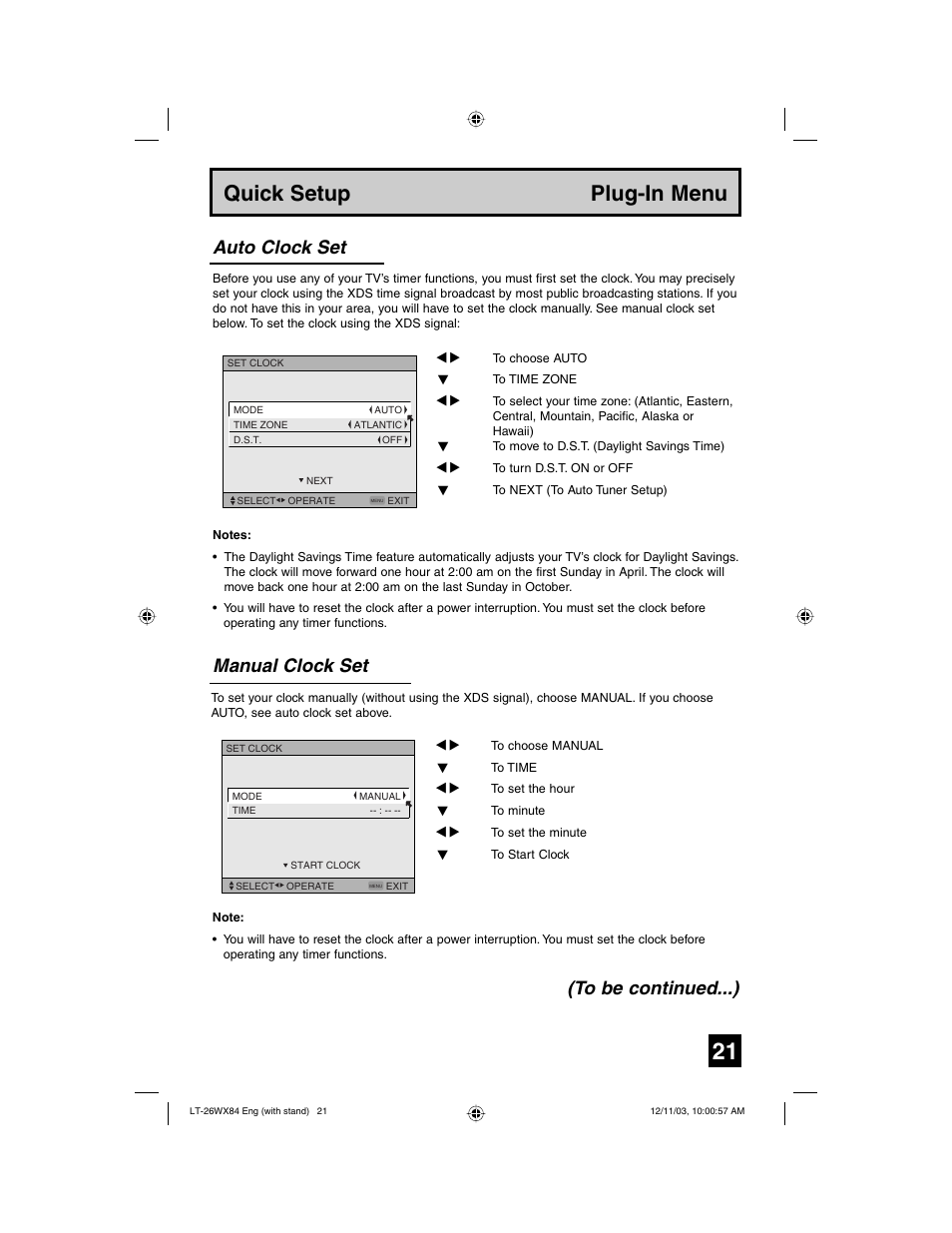 Quick setup plug-in menu, Manual clock set, Auto clock set (to be continued...) | JVC 1203TNH-II-IM User Manual | Page 21 / 64