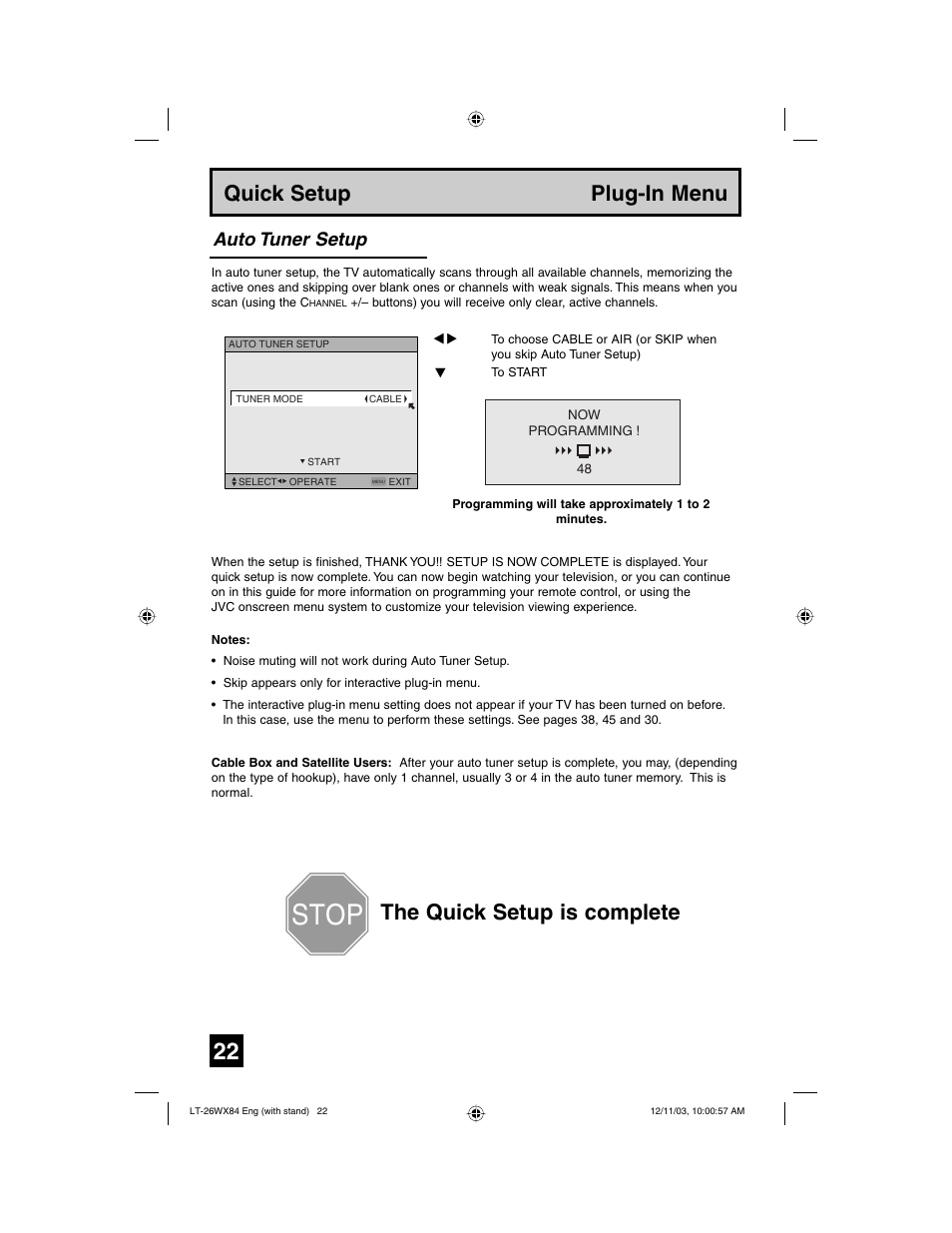 Stop, Quick setup plug-in menu, The quick setup is complete | Auto tuner setup | JVC 1203TNH-II-IM User Manual | Page 22 / 64
