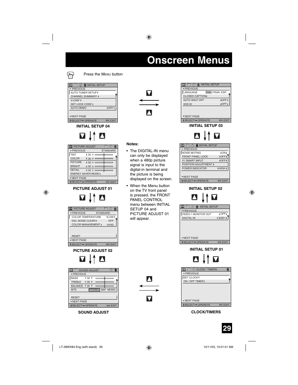 Onscreen menus, Press the m, Button | Clock/timers, Initial setup 03, Initial setup 02, Initial setup 01 | JVC 1203TNH-II-IM User Manual | Page 29 / 64