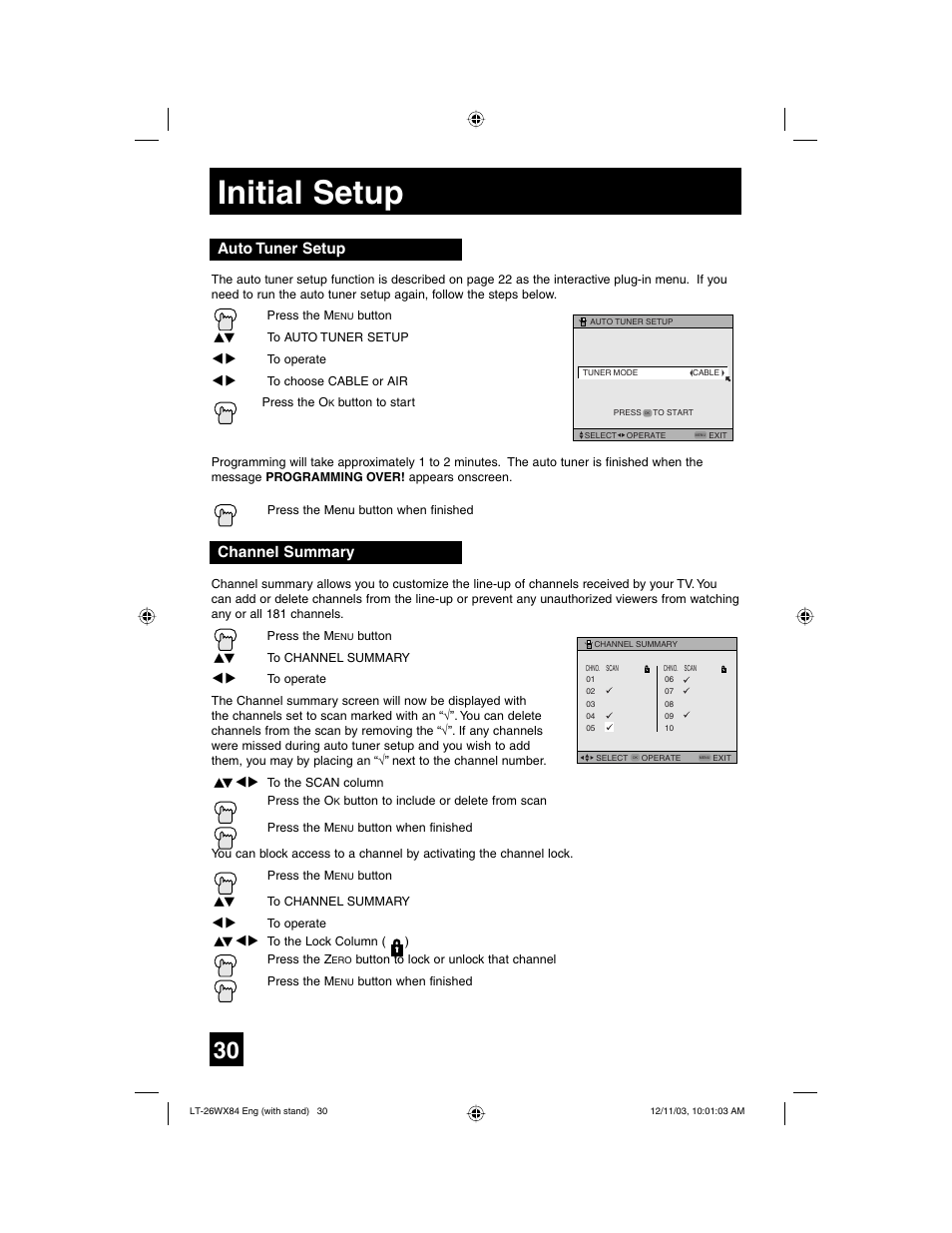 Initial setup, Auto tuner setup, Channel summary | JVC 1203TNH-II-IM User Manual | Page 30 / 64