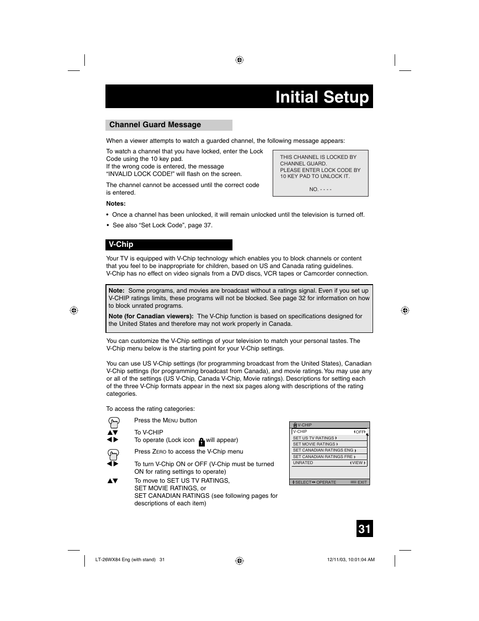Initial setup, Channel guard message, V-chip | JVC 1203TNH-II-IM User Manual | Page 31 / 64