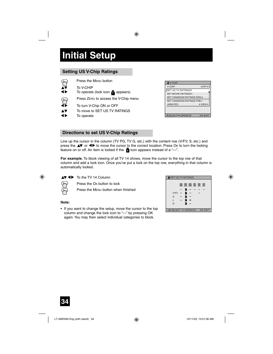 Initial setup, Directions to set us v-chip ratings, Setting us v-chip ratings | JVC 1203TNH-II-IM User Manual | Page 34 / 64