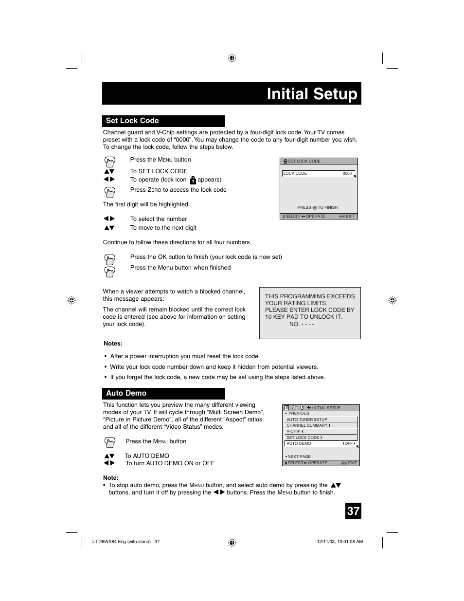 Initial setup, Set lock code, Auto demo | JVC 1203TNH-II-IM User Manual | Page 37 / 64