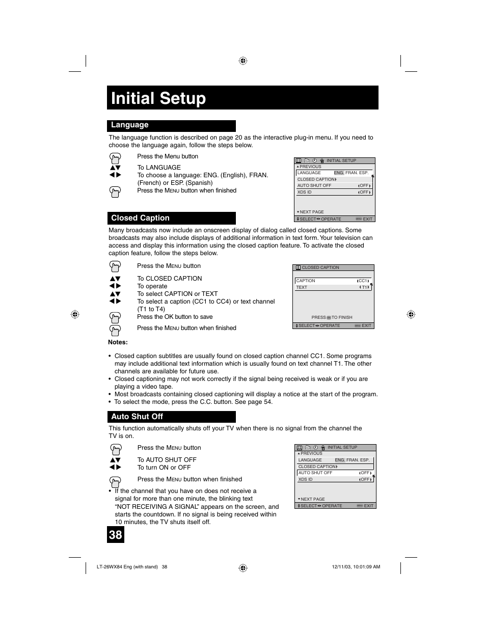 Initial setup, Language, Closed caption | Auto shut off | JVC 1203TNH-II-IM User Manual | Page 38 / 64